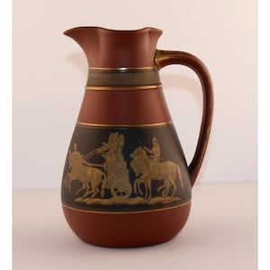 Antique F & R Pratt Old Greek Terracotta Pitcher 7" Classical Chariot Ewer Victorian English Prattware Jug
