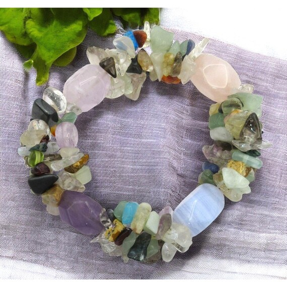 Triple Layer Stretch Bracelet Gemstone Chips Blue… - image 1