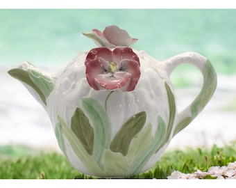 Vintage Floral Ceramic Teapot Hand-Painted With Pink Pansy Lid & Green Leaf Design