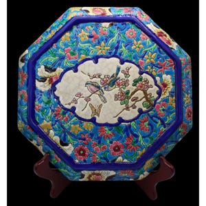 Antique Emaux De Longwy France Hand-Painted Octagonal Faience Plaque With Floral & Bird Motif Rare French Art Pottery Collectible