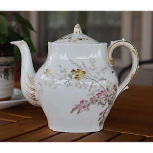 Antique Haviland Limoges Teapot Pink Gold Floral & Butterfly Porcelain France