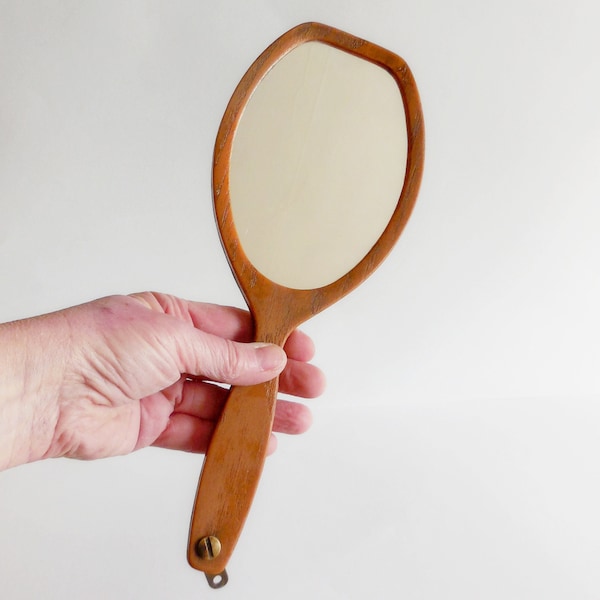 Miroir à main vintage - Plastique faux bois - Années 60-70