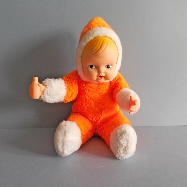 Poupée vintage en tissu moumoute orange - Années 70