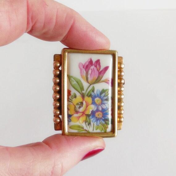 Broche Vintage En Porcelaine De Limoges Et Laiton - Multicolore, Occasion