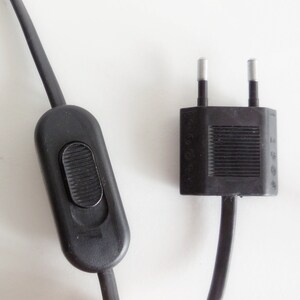 以下が含まれることがあります： 黒い電気コードのクローズアップ。オン/オフスイッチと2ピンのプラグが内蔵されています。スイッチは楕円形で、ボタンがくぼんでいます。プラグは長方形で、2つの銀色のピンが付いています。