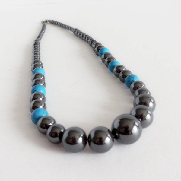 Collier de perles vintage - Hématite et turquoise - Années 80