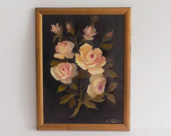 Tableau ancien - Peinture à l'huile - Roses