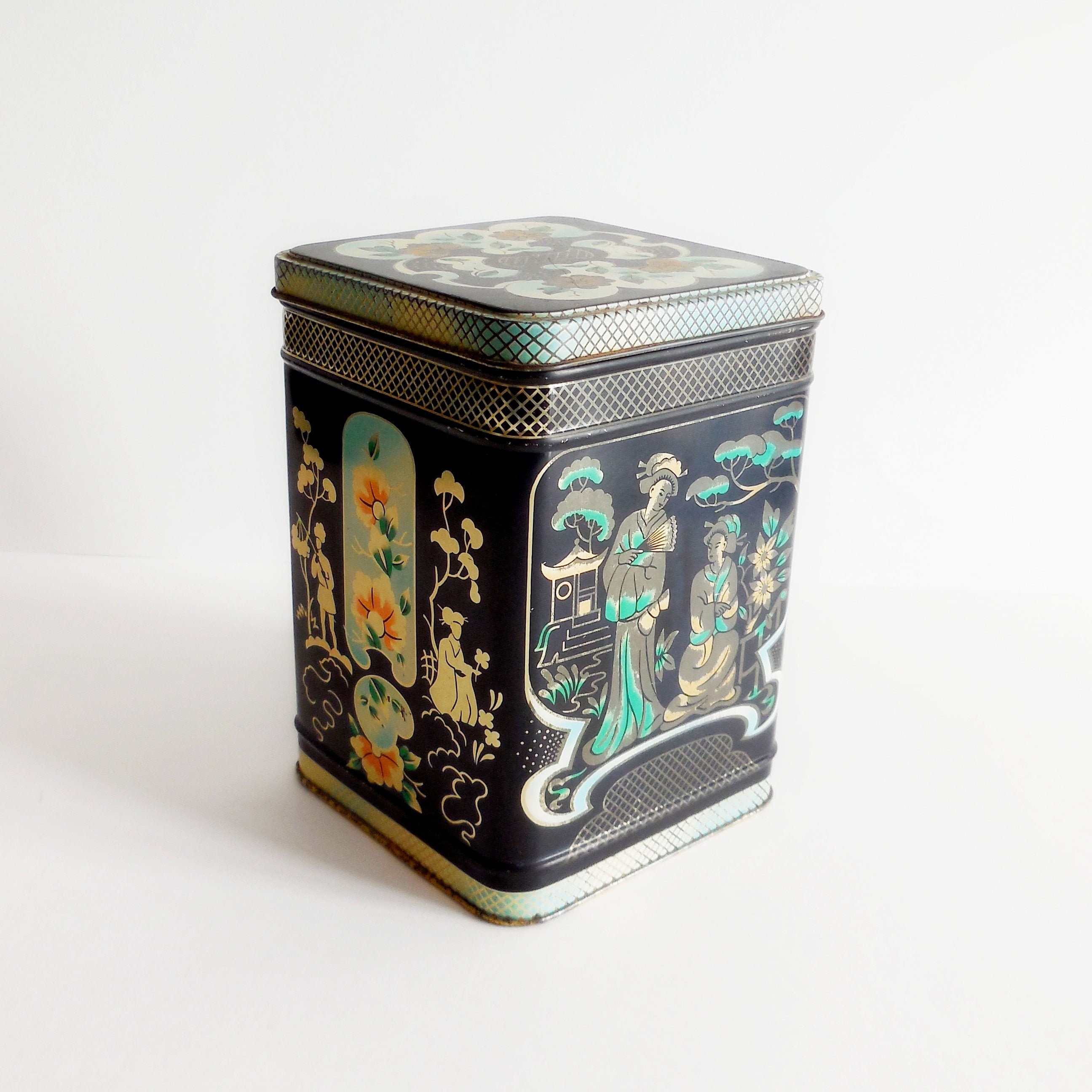 Boite à Thé Japonisante en Métal - Made in England.