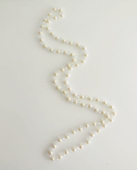 Collier Sautoir Vintage En Perles De Verre Argenté - Occasion, Long, Style Années 50/60