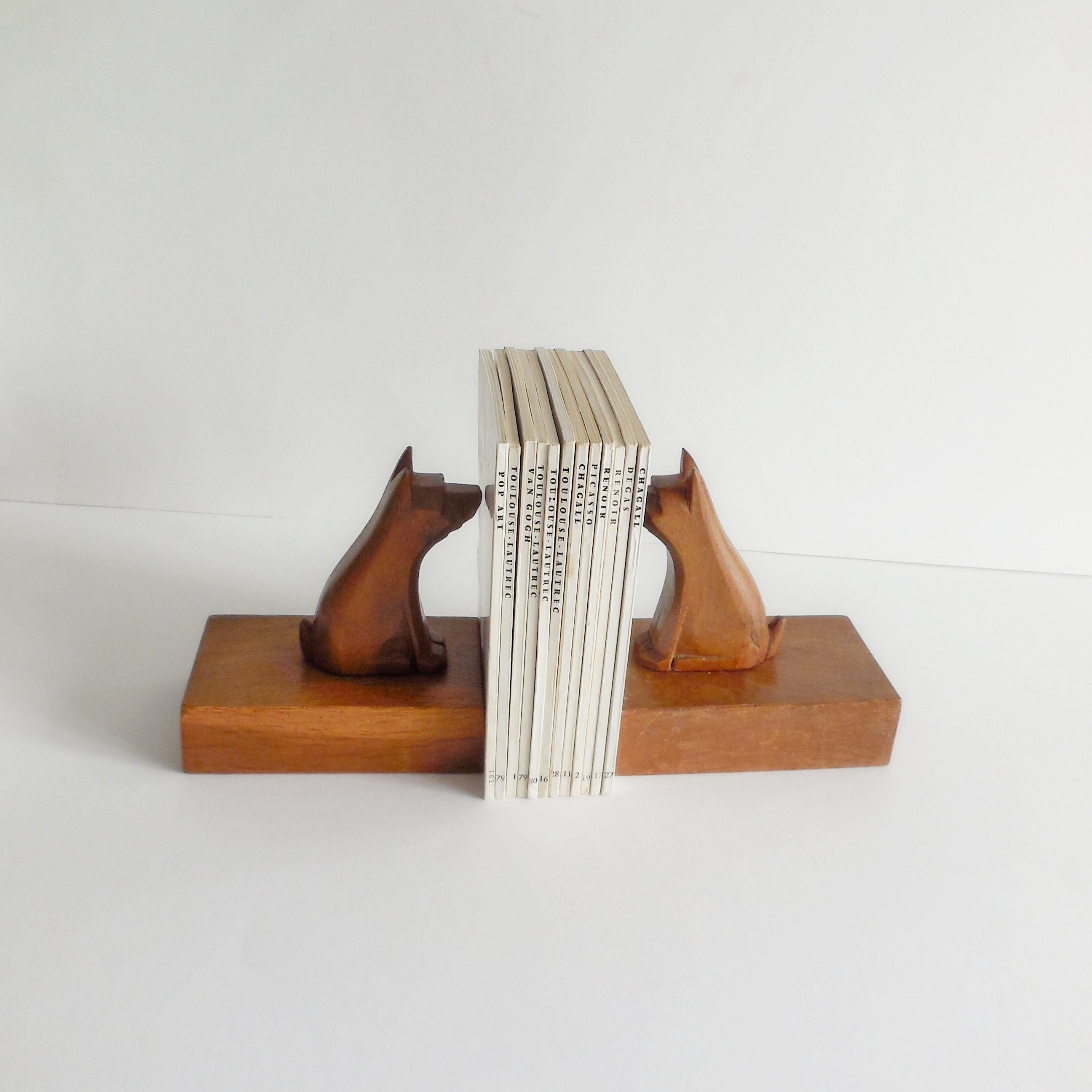 Serre-Livres Ancien en Bois - Serre-Livres Chiens Années 40