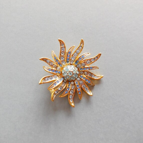 Broche Vintage Fantaisie Années 50/60 - Fleur En Métal Doré Et Strass - Occasion