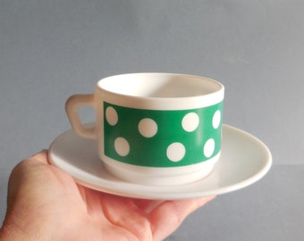 Bol Vintage Arcopal Opaline Vert à Pois Blancs - Années 70 - France