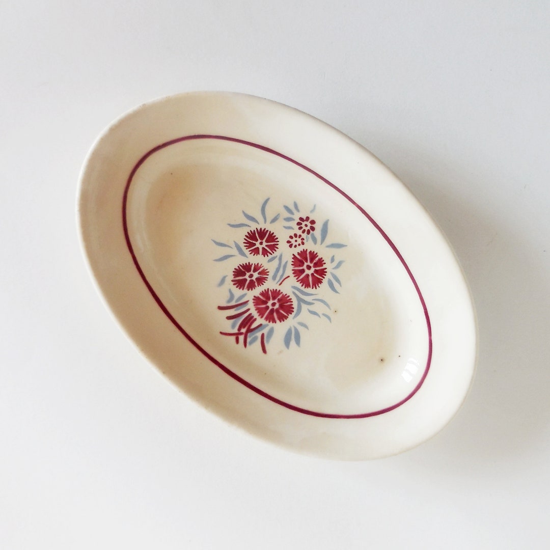 Ancien Plat Ovale Badonviller En Faïence, Motif Fleurs, Vintage 1920-1949