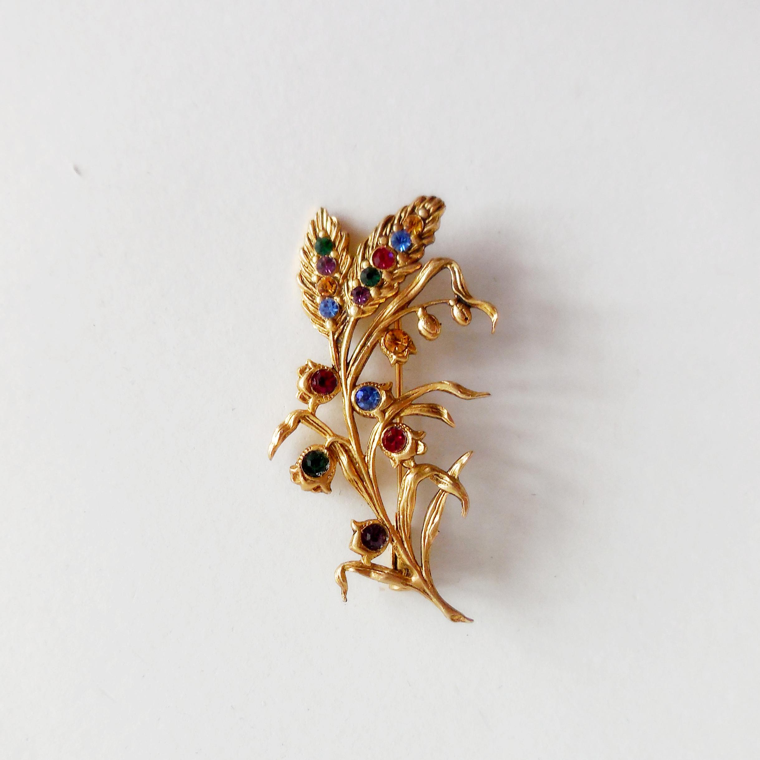 Broche ancienne en métal doré et strass ,broche années 50 - France