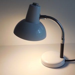 以下が含まれることがあります： シルバー色のフレキシブルネックと水色のシェードが付いた白いデスクランプ。ベースは白く丸く、黒い電源コードが付いています。このランプは、焦点を絞った照明用に設計されています。