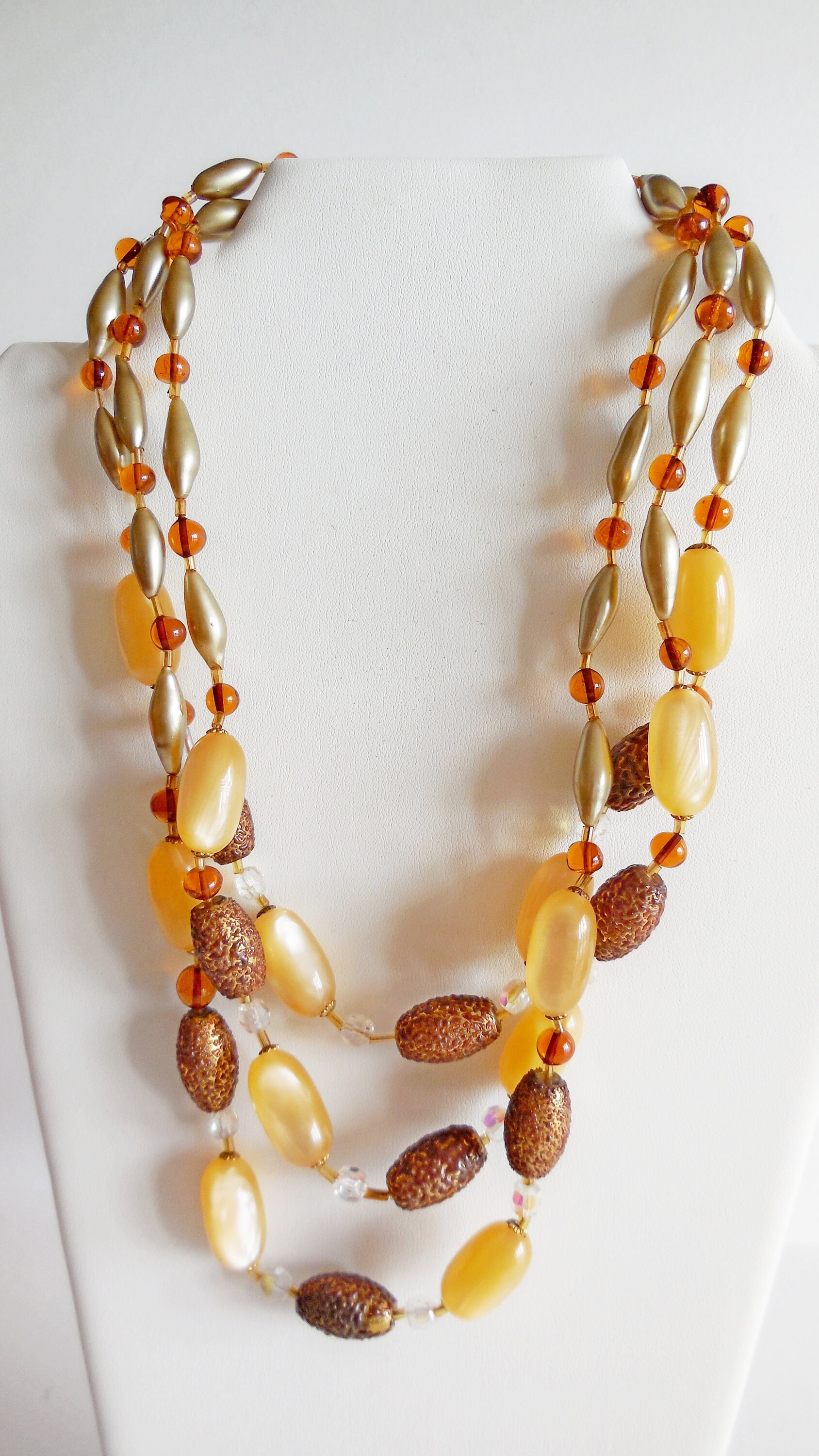 Collier Vintage à 3 Rangs - Perles En Cristaux Et Quartz Rose - Fermoir Clip - Occasion