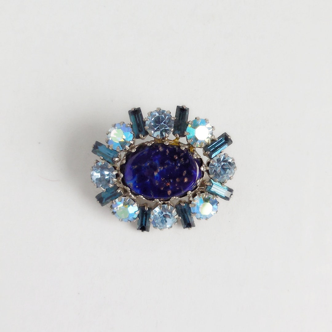 Broche Art Nouveau Lapis Lazuli Et Bronze – Pâte De Verre Style 1900, Floral, Neuf Sans Boîte