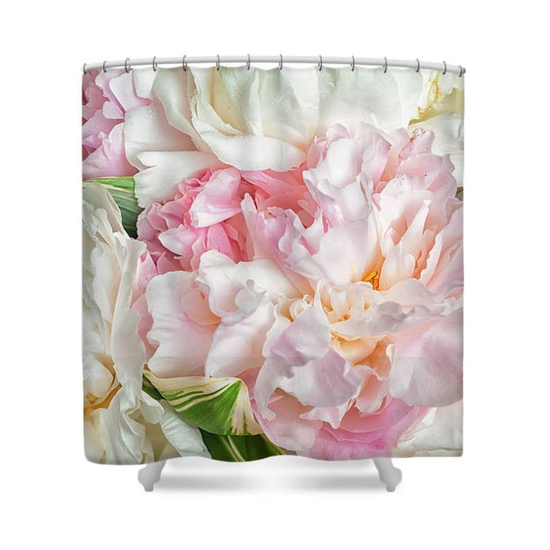 Pink Peony Flower Stripe Decor Bathroom Shower Curtain Set Fabric /& 12 Hooks