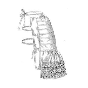 May include: A black and white line drawing of a bustle or crinoline garment. The structure features a waistband with a tie, horizontal boning or hoops, and a lower section finished with three tiers of decorative lace ruffles at the hem.