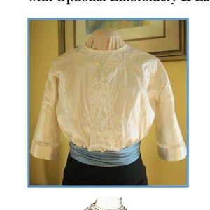 Op de afbeelding: Een vintage naaipatroon voor een damesblouse met optionele borduursels en kantinzet. Het patroon is uit 1911 en bevat instructies voor maten 89-118 cm borstomvang en 63-107 cm tailleomvang.