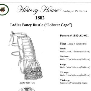 Könnte beinhalten: Eine Schwarzweiß-Zeichnung eines Reifrocks aus dem Jahr 1882. Der Reifrock wird als "Hummerkäfig" bezeichnet und ist von der Seite und von innen dargestellt. Das Schnittmuster ist für Taillenumfänge von 61 bis 99 cm.