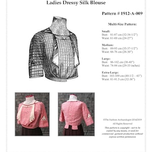 Può includere: Un modello di cucito vintage per una blusa di seta da donna. Il modello è del 1912 e include istruzioni per realizzare una blusa nelle taglie piccola, media, grande ed extra grande. Il modello è stampato su carta e include un disegno a linea della blusa.