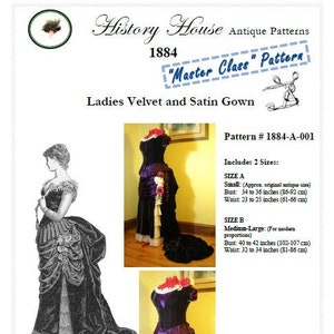 May include: A vintage sewing pattern for a ladies velvet and satin gown. The pattern includes two sizes: small (bust 34 to 36 inches, waist 23 to 25 inches) and medium-large (bust 40 to 42 inches, waist 32 to 34 inches). The pattern is from 1884 and is titled "Master Class" Pattern.
