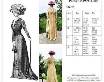 Antique Pattern (Paper Version) ~ Ladies' 1909 Princess Day Gown ~ MULTI-SZ (PAPER version, to the U.S. only) #1909-A-005