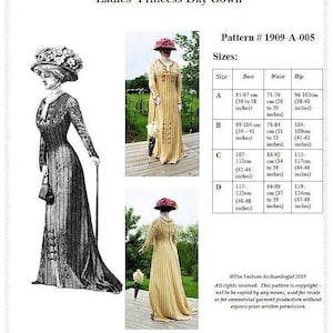 May include: A vintage sewing pattern for a women's princess day gown from 1909. The pattern includes instructions and measurements for sizes A through D. The pattern is printed on white paper with black text and illustrations.