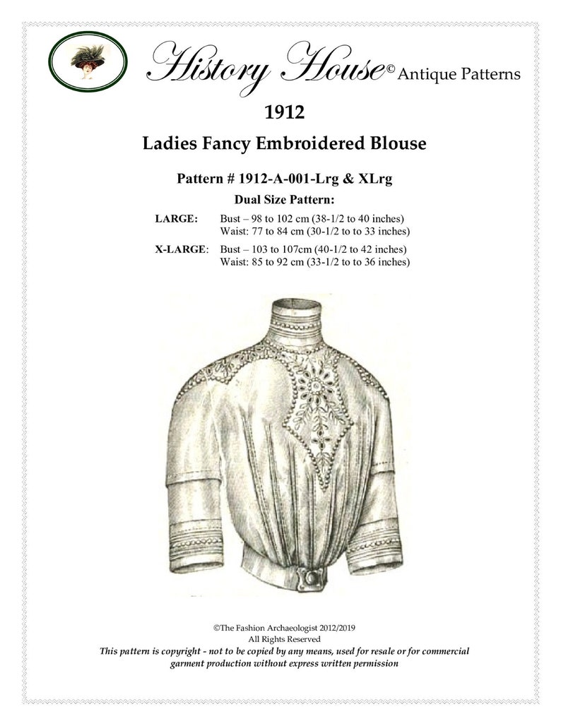 Edwardian Blouses |  Lace Blouses, Sweaters, Vests 1912 Edwardian Blouse w high collar tucks embroidery~ PDF to Print at Home (#1912-A-001) $14.00 AT vintagedancer.com