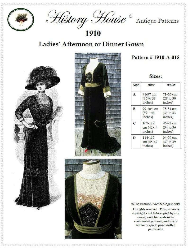 Titanic Dresses & Costumes | 1912 Dresses, Somewhere in Time     Digital Sewing Pattern Multi-Size ~ Ladies 1910 Formal Afternoon or Dinner Gown - PDF to Print at Home~All 4 Sizes Incld. (# 1910-A-015)  AT vintagedancer.com