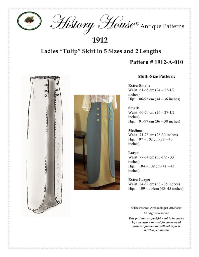 Digital Sewing Pattern Multi-Sz 1912 Edwardian/Titanic 'Tulip' Skirt PDF to Print at Home 5 Sizes included Pattern1910-A-010 image 2