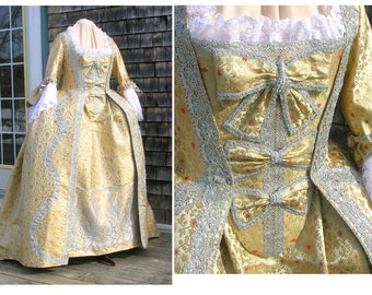 Opulent 18th Century Robe à la Française ensemble - Gold brocade & silver trim - historically accurate, hand sewn.  Ready to ship