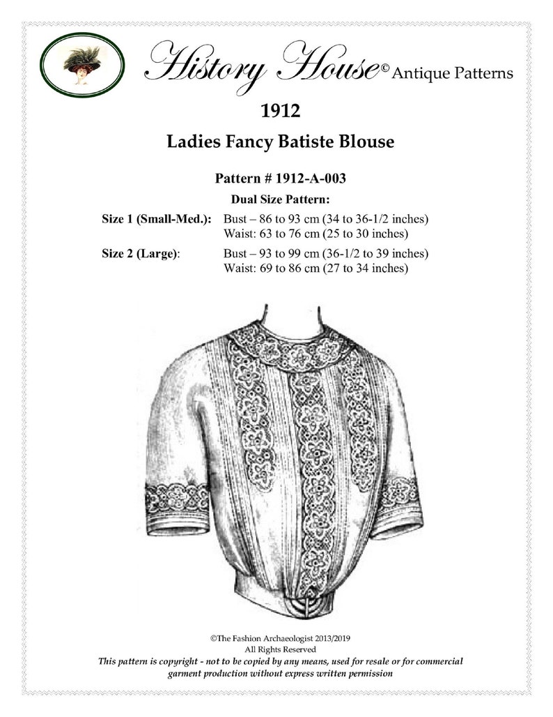 Edwardian Sewing Patterns- Dresses, Skirts, Blouses, Costumes 1912 Digital Antique Sewing Pattern ~ Lovely Edwardian 1912 Titanic Era Blouse ~ in PDF format to Print at Home - Dual Sz Sm/Med & Large $14.00 AT vintagedancer.com