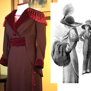 May include: A deep burgundy coat with a velvet collar, cuffs, and waist sash. The shoulders feature decorative fringe trim, and the front is fastened with a single button. A black and white illustration shows two figures wearing similar coats.