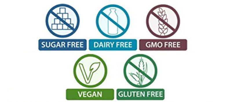 May include: A collection of six icons indicating dietary information. The icons include "Sugar Free," "Dairy Free," "GMO Free," "Vegan," and "Gluten Free." Each icon features a symbol inside a circle with a line through it, and a corresponding text label below.
