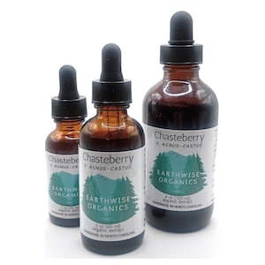 May include: Three amber glass bottles of Chasteberry organic extract with black droppers. The bottles have white labels with green tree graphics and the text "Earthwise Organics". Sizes include 1 oz, 2 oz, and 4 oz.