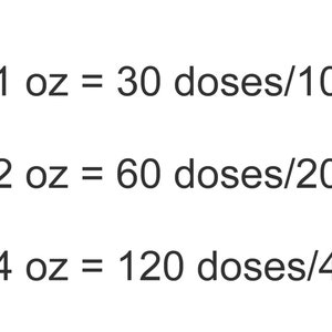 May include: A brown glass bottle with a dropper next to text indicating dosage information. The text shows 1 oz equals 30 doses for 10 days, 2 oz equals 60 doses for 20 days, and 4 oz equals 120 doses for 40 days.