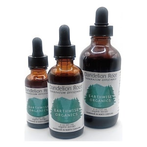 May include: Three amber glass bottles of Earthwise Organics Dandelion Root extract with black droppers. The bottles are labeled with sizes 1 oz (30 ml), 2 oz (60 ml), and 4 oz (120 ml). The labels include the text "TARAXACUM OFFICINALE" and "HANDMADE IN NORTH CAROLINA."