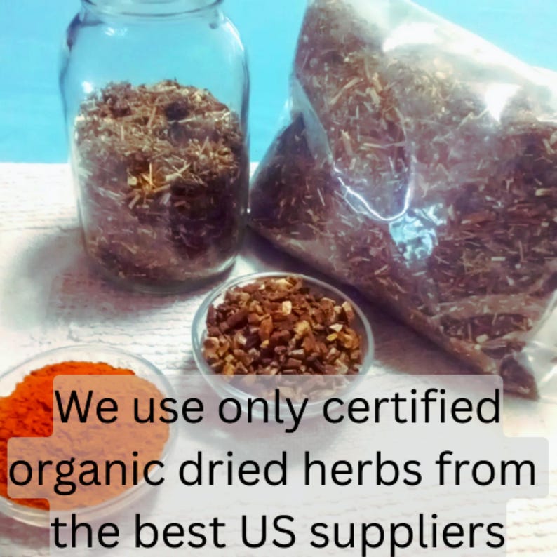 May include: An assortment of dried herbs in various forms. A glass jar and a clear plastic bag are filled with loose herbs. Small bowls contain ground and chopped herbs. The text reads: "We use only certified organic dried herbs from the best US suppliers."