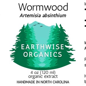 May include: A label for Earthwise Organics Wormwood extract. The label features a green tree design with the text "Earthwise Organics." It lists ingredients, suggested use, and other details. The bottle contains 4 oz (120 ml) of organic extract.