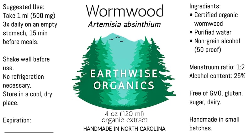 May include: A label for Earthwise Organics Wormwood extract. The label features a green tree design with the text "Earthwise Organics." It lists ingredients, suggested use, and other details. The bottle contains 4 oz (120 ml) of organic extract.