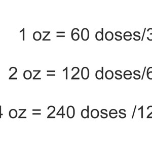 May include: A brown glass bottle with a dropper next to it. Text on the right indicates: 1 oz = 60 doses/30 days, 2 oz = 120 doses/60 days, and 4 oz = 240 doses /120 days.