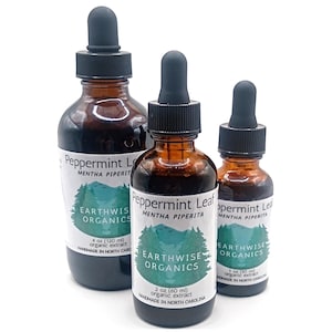May include: Three amber glass bottles of peppermint leaf extract with black droppers. The labels read "Peppermint Leaf" and "Earthwise Organics." Sizes are 1 oz (30 ml), 2 oz (60 ml), and 4 oz (120 ml).