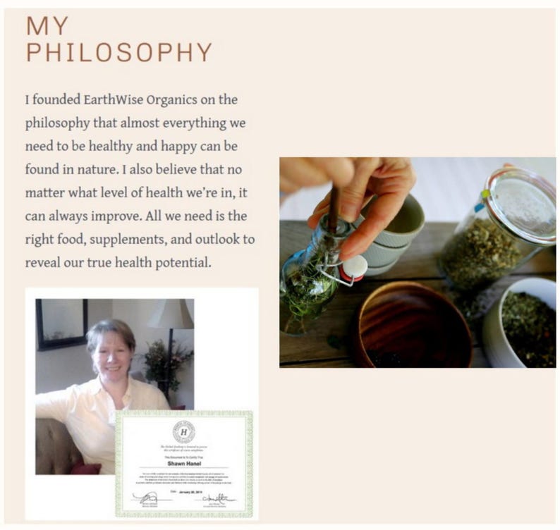 May include: Image with text "MY PHILOSOPHY" and a woman's portrait. The image also shows a glass bottle with herbs, a wooden bowl, and a jar with herbs. The text says "I founded EarthWise Organics on the philosophy that almost everything we need to be healthy and happy can be found in nature."