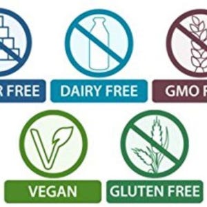 May include: A collection of icons indicating dietary information. The image includes icons for sugar-free, dairy-free, GMO-free, vegan, and gluten-free. Each icon is a circle with a symbol and text below it.