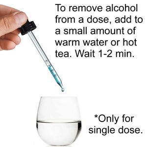 May include: A clear glass of water with a dropper dispensing a blue liquid. Text reads: "To remove alcohol from a dose, add to a small amount of warm water or hot tea. Wait 1-2 min. *Only for single dose."