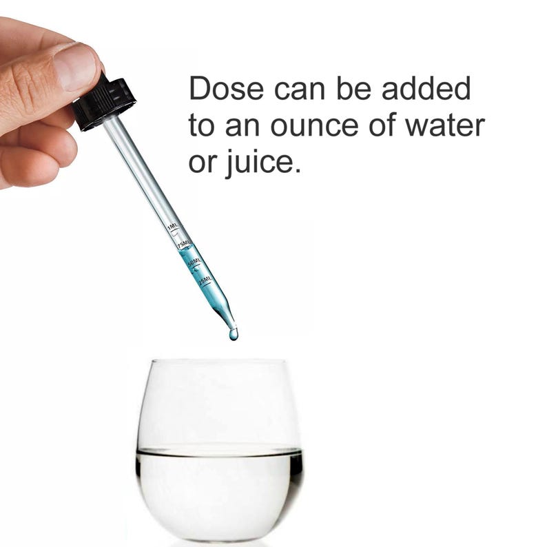 May include: A clear glass with water is shown below a dropper dispensing a blue liquid. The dropper is held by a hand and has measurements in milliliters. Text reads: "Dose can be added to an ounce of water or juice."