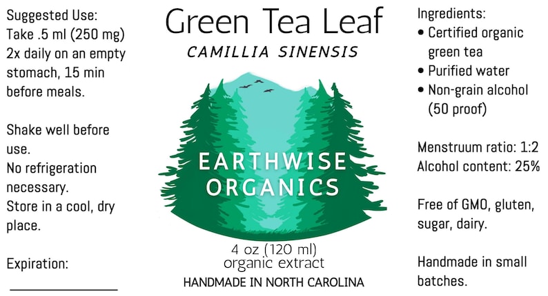 May include: A product label for Earthwise Organics Green Tea Leaf extract. The label features a green and white design with the text "EARTHWISE ORGANICS" and "4 oz (120 ml) organic extract". It lists ingredients and usage instructions.