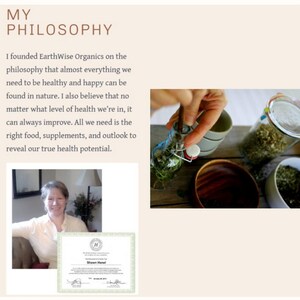 Peut inclure: L'image pr&eacute;sente le texte &laquo; MY PHILOSOPHY &raquo; et un portrait de femme. Elle montre &eacute;galement une bouteille en verre avec des herbes, un bol en bois et des bocaux remplis d'herbes s&eacute;ch&eacute;es. Le texte traite de l'importance de la sant&eacute; naturelle et des compl&eacute;ments.